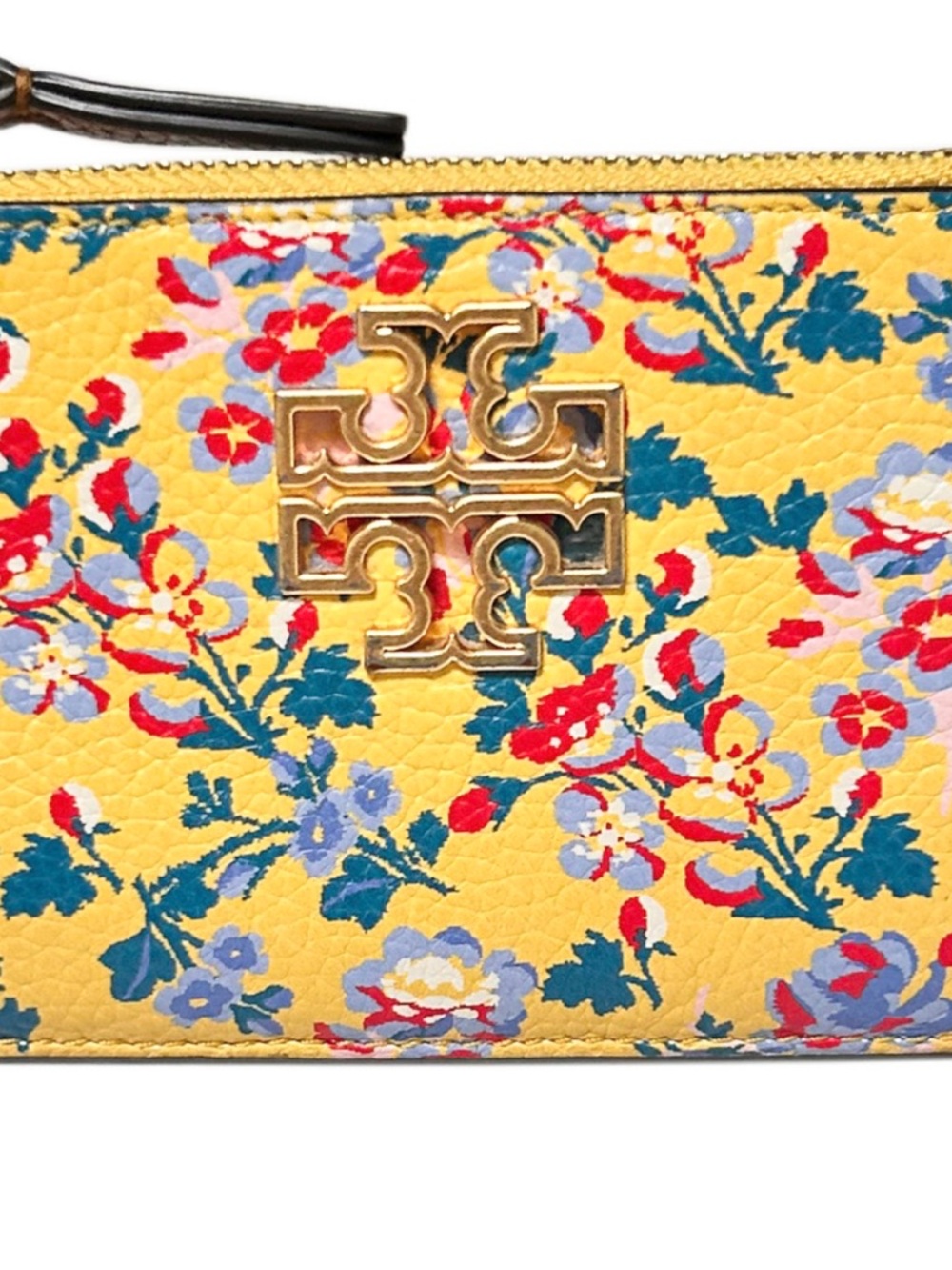 Tory Burch Yellow Floral Leather Zip Card Case with Gold Logo - Picture 2 of 9